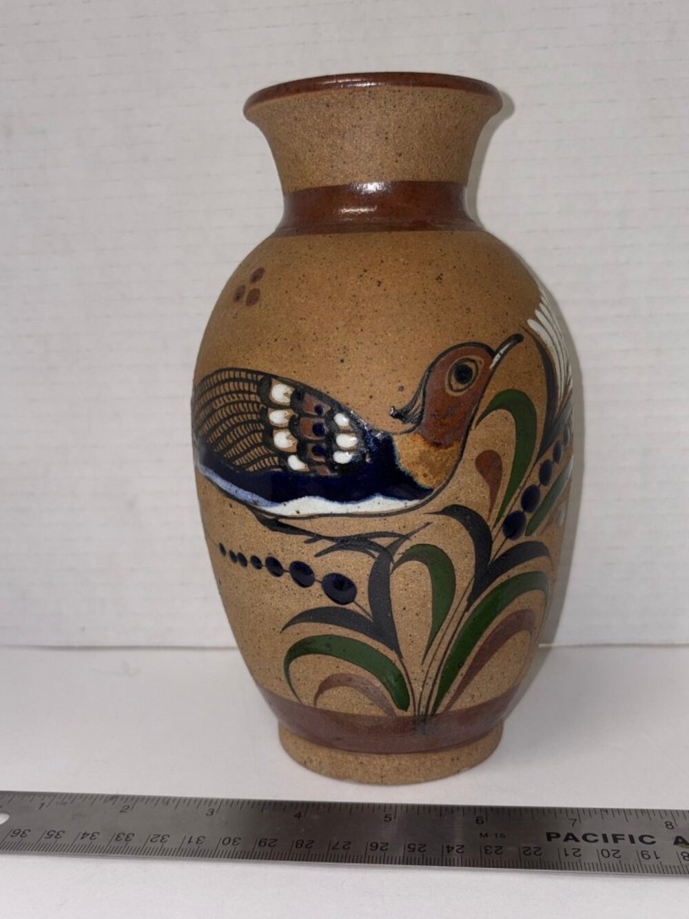TONALA Tacat Mexican Folk Art Sandstone Pottery Vase Hand Painted 8” Bird